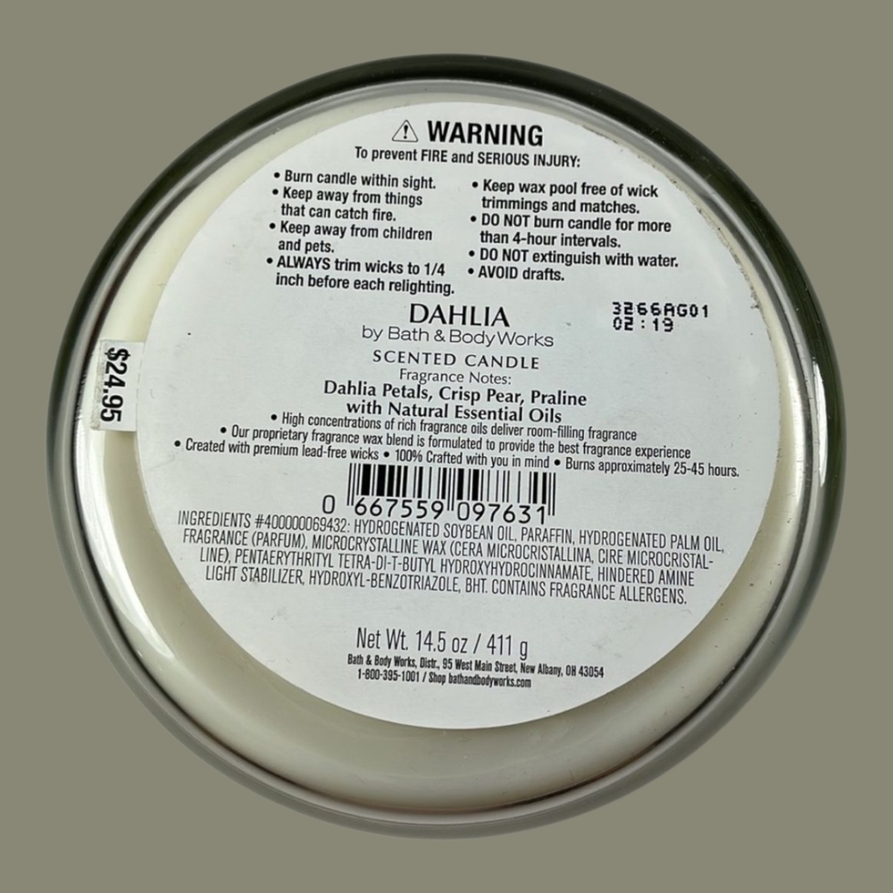 Bath & Body Works Dahlia Fragrance 14.5 Oz, 3 Wick White Candle, NEW - Picture 4 of 6